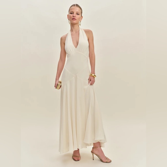 Reformation Briony White/Ivory/Beige/Cream V Neck Halter Maxi Dress (Size 4) - Picture 4 of 6